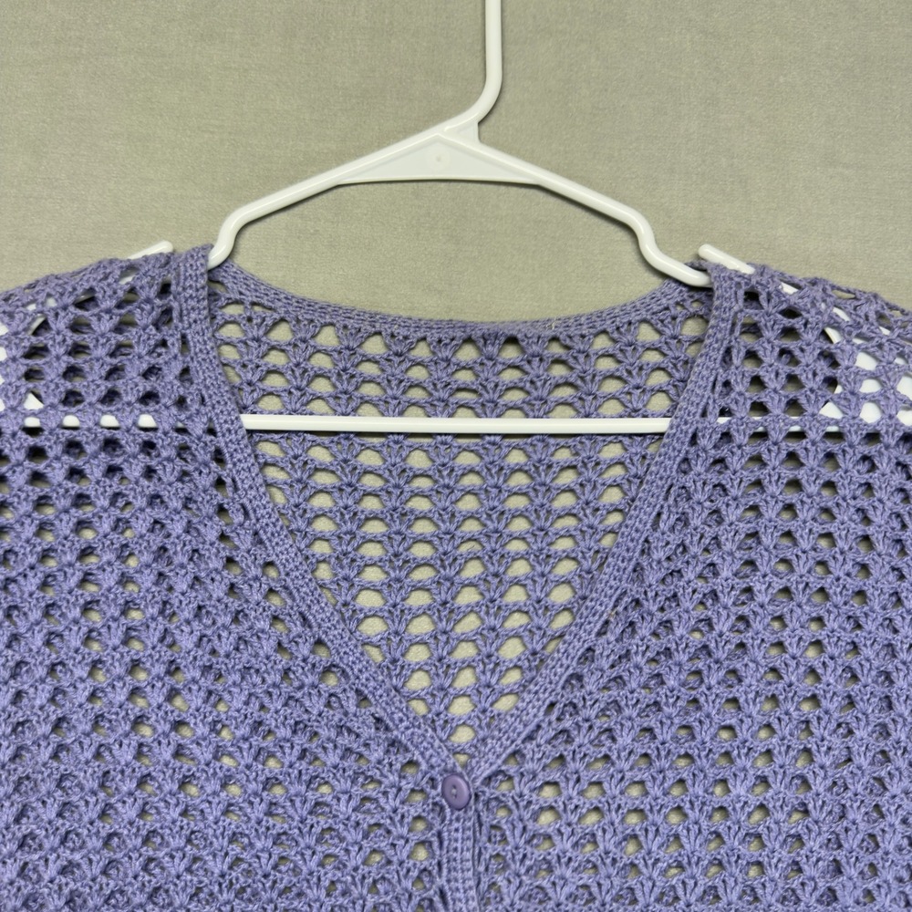 Handmade Y2K Crochet Cardigan Women Medium Purple Short Sleeve Boho Knit V-Neck - Picture 3 of 9